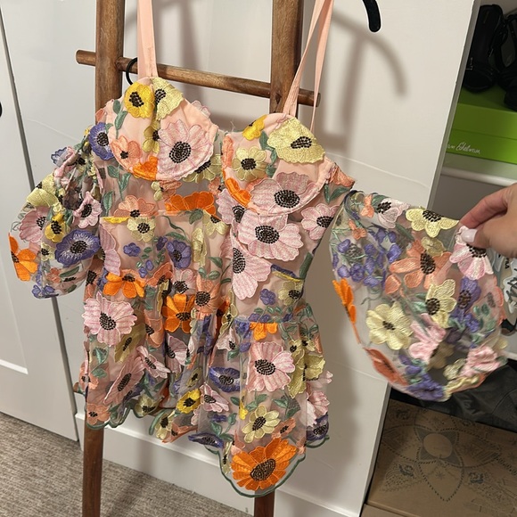 For Love & Lemons Floral Embroidered Sheer Mini Dress in Pastel Multi - Picture 6 of 11